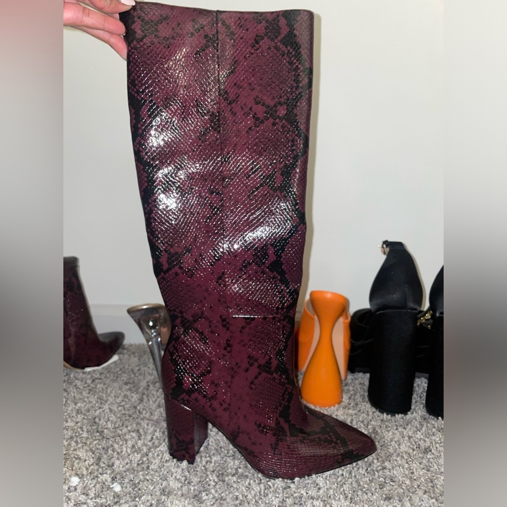 Aldo Burgundy Snake Print Heeled Boots